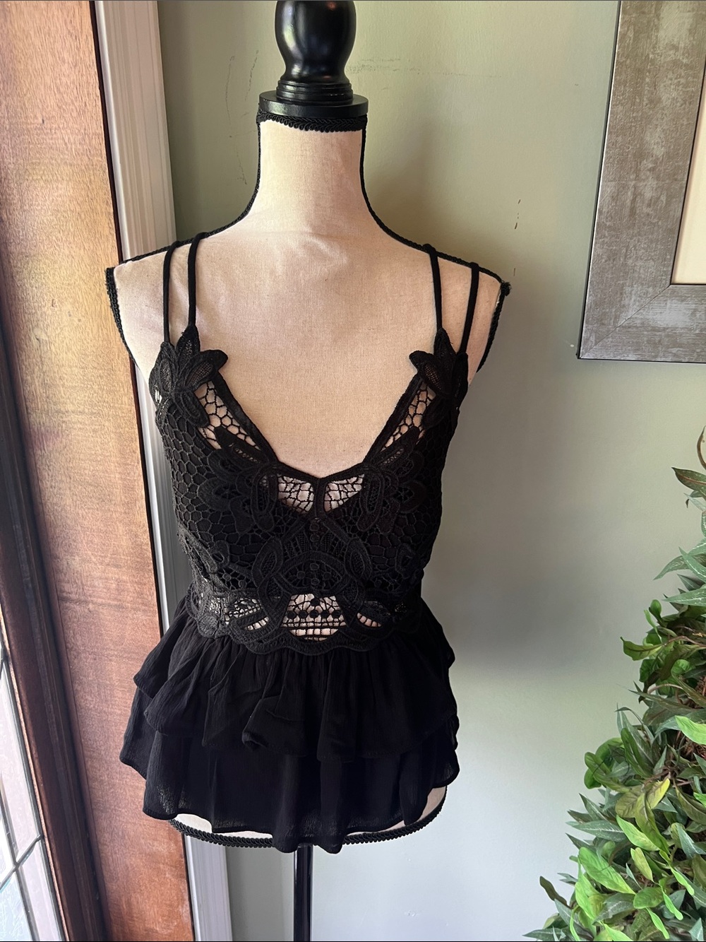 Moa Moa Black Lace Tiered Camisole with Double Straps